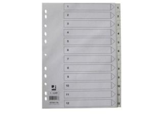Q-CONNECT tabbladen, A4, PP, 11-gaatsperforatie, met indexblad, set van 1-12, wit