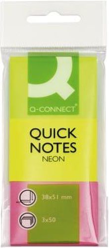 Q-CONNECT Quick Notes, ft 38 x 51 mm, 50 feuilles, &eacute;tui de 3 blocs en couleurs n&eacute;on