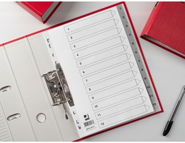 Q-CONNECT tabbladen, A4, PP, 11-gaatsperforatie, met indexblad, set van 1-12, grijs
