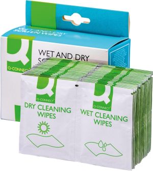 Q-CONNECT Wet & Dry beeldschermreinigingsdoekjes, doos van 20 paar (1 Wet en 1 Dry)