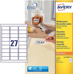 Avery L4737REV-25 &eacute;tiquettes enlevables ft 63,5 x 29,6 mm (b x h), 675 &eacute;tiquettes, blanc