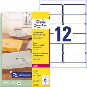 Avery &eacute;tiquettes transparentes QuickPEEL ft 99,1 x 42,3 mm (l x h), 300 pi&egrave;ces, 12 par feuille