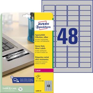 Avery ultra-sterke zilverkleurige etiketten ft 45,7 x 21,2 mm (b x h), 960 stuks, 48 per blad