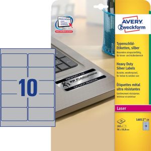 Avery ultra-sterke zilverkleurige etiketten ft 96 x 50,8 mm (b x h), 200 stuks, 10 per blad
