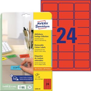 Avery afneembare gekleurde etiketten ft 63,5 x 33,9 mm (b x h), 480 stuks, 24 per blad, rood