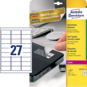 Avery bestendige veiligheidsetiketten, ft 63,5 x 29,6 mm, 540 stuks, 27 per vel, doos van 20 vel