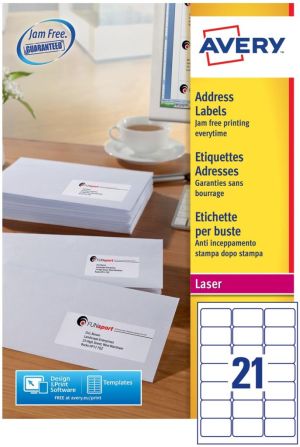 Avery L7160, Etiquettes adresses, Laser, Ultragrip, blanches, 250 pages, 21 per page, 63,5 x 38,1 mm