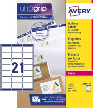Avery L7160, Adresetiketten, Laser, Ultragrip, wit, 40 vellen, 21 per vel, 63,5 x 38,1 mm