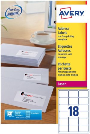 Avery L7161, Etiquettes adresses, Laser, Ultragrip, blanches, 100 pages, 18 per page, 63,5 x 46,6 mm