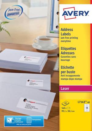 Avery L7163, Adresetiketten, Laser, Ultragrip, wit, 40 vellen, 14 per vel, 99,1 x 38,1 mm