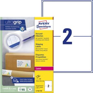 Avery L7168, Etiquettes d'exp&eacute;dition, Laser, Ultragrip, blanches, 100 pages, 2 per page, 199,6 x 143,5 mm
