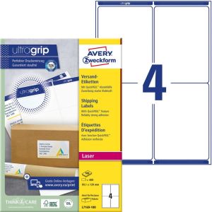 Avery L7169, Etiquettes d'exp&eacute;dition, Laser, Ultragrip, blanches, 100 pages, 4 per page, 99,1 x 139 mm
