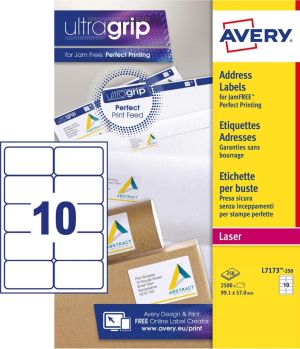 Avery witte laseretiketten ft 99,1 x 57 mm, 2500 stuks, 10 per vel