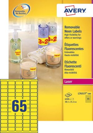 Avery afneembare neon etiketten ft 38,1 x 21,2 mm (b x h), doos van 100 blad, 6500 stuks, neongeel