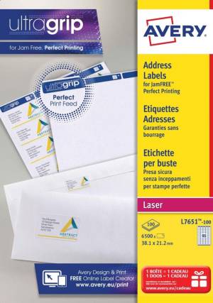 Avery L7651, Verzendetiketten, Laser, Ultragrip, wit, 100 vellen, 65 per vel, 38,1 x 21,2 mm