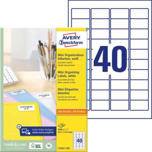 Avery Etiquettes blanches laser QuickPeel ft 45,7 x 25,4 mm (l x h), 4.000 pi&egrave;ces, bo&icirc;te de 100 feuilles