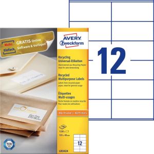 Avery Witte gerecycleerde universele etiketten ft 105 x 48 mm (b x h), 1.200 stuks, 12 per blad