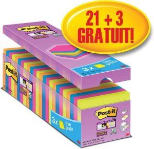 Post-it super Sticky notes, 90 feuilles, ft 76 x 76 mm, couleurs assorties, paquet de 21 blocs + 3 gratui