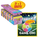 Actie Post-It: 1 x Super Sticky notes, 90 vel, 76x76, assort, pak van 21 (+3 gratis) + 1 x GRATIS voetbal