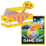 Actie Post-It: 1 x Notes, 100 vel, 76x76, assorti, 18 (+ 6 gratis) +1 x GRATIS voetbal